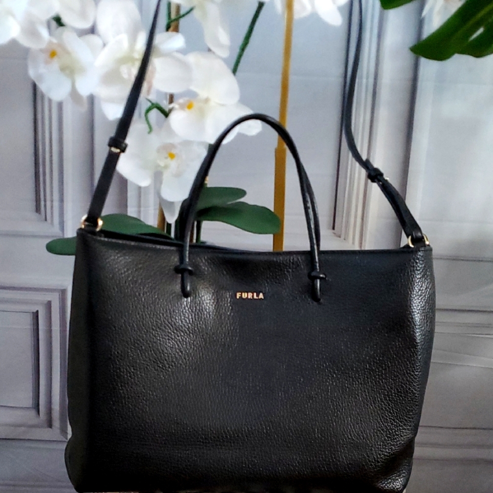 Furla Black Tote Bag with Textured Leather and Gold Hardware - Picture 1 of 9
